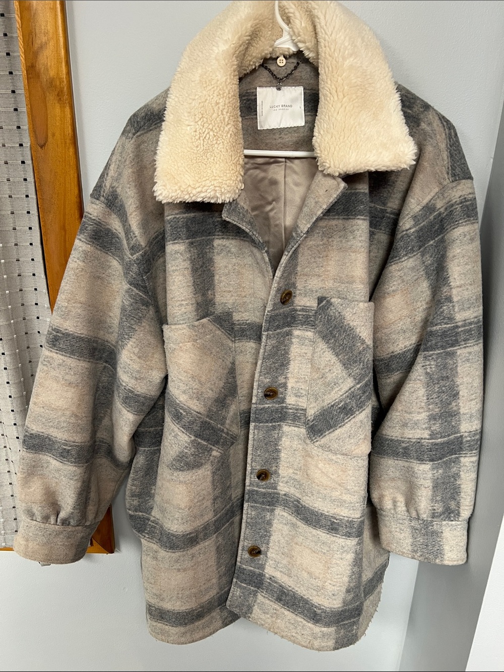 Lucky Brand Plaid Shirt Jacket with Sherpa Collar - Cream & Gray